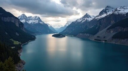 Obraz premium Aerial view of Lake Oeschinen at dawn with overcast skies. The serene lake mirrors the rugged Swiss Alps, with mist swirling over the water in the early morning.