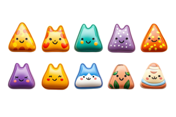 Cute and Colorful Cartoon Characters with Happy Faces Displayed in a Fun Arrangement of Kawaii Style for Kid-Friendly Designs