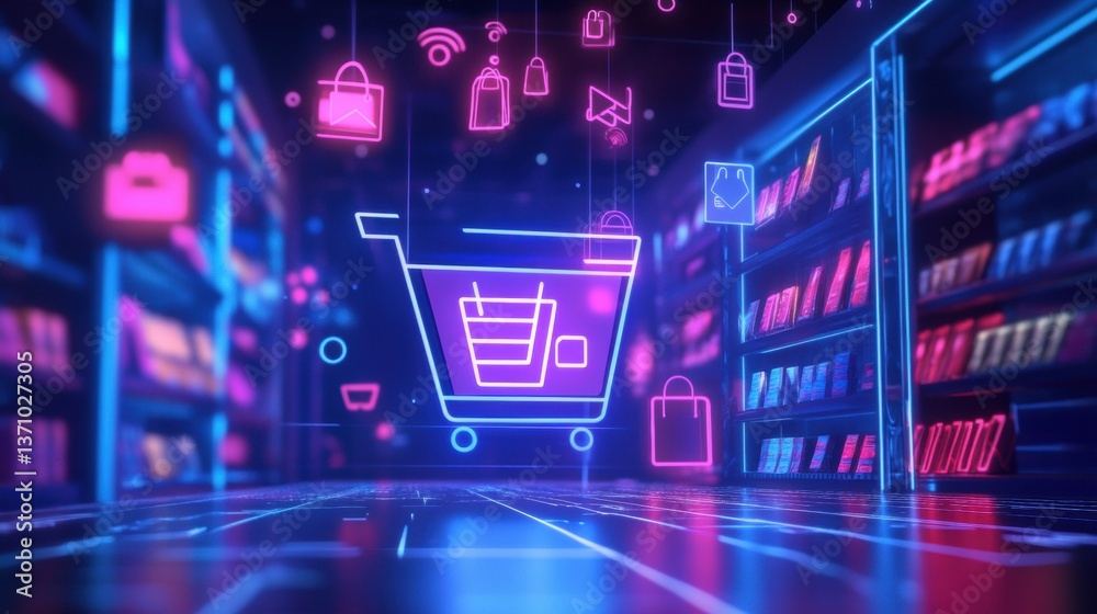 Poster explore a futuristic e-commerce digital landscape filled with vibrant shopping icons and advanced cy