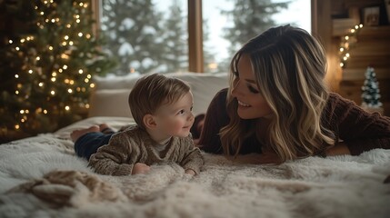 Obraz premium A mother and her toddler son share a tender moment during the Christmas season, nestled in a cozy bedroom filled with warm holiday lights.