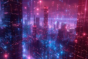 Fototapeta premium Cyberpunk Cityscape: Neon lights illuminate a futuristic digital urban environment