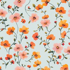 Seamless pattern of delicate orange and pink flowers on a soft light blue background