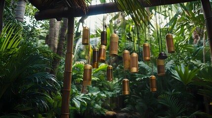 Hanging wind chimes in a tropical garden