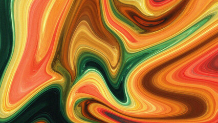 Vibrant swirls of green, orange, and gold blend into a dynamic abstract marble texture.