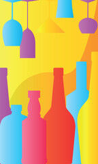 Poster for pub, bar menu, alcohol set. Vector design silhouettes of premium whiskey bottle, wine, glasses, bright colors gradient