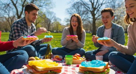 Fototapeta premium April Fools Day Picnic Fun - Friends enjoy a playful picnic with vibrantly colored sandwiches, symbolizing fun, friendship, laughter, surprise, and springtime