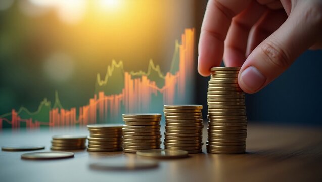 Economy, finance and investment background. Coins and calculator with financial graph growth of inflation and interest rate hike	
