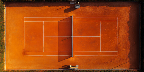 Aerial view of orange clay tennis court, showing the net and markings, representing sport, competition, and healthy lifestyle