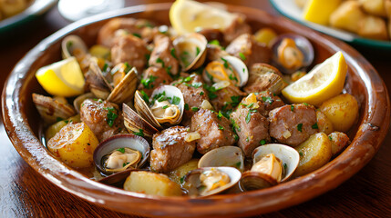 Fototapeta premium Traditional Alentejana Pork Dish with Clams and Potatoes Served in a Rustic Plate