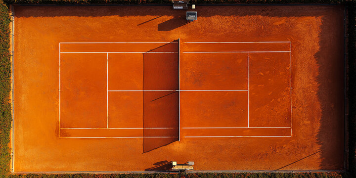 Aerial view of orange clay tennis court, showing the net and markings, representing sport, competition, and healthy lifestyle