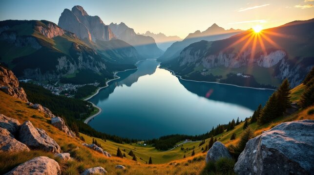 Aerial dusk view of Lake Cauma glowing under golden sunlight. The warm tones contrast with the deep greens and blues of the water and forest, creating a breathtaking landscape.