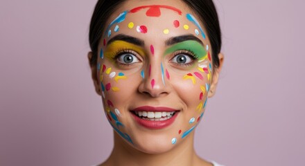 Colorful Face Paint Fun - Closeup of a woman with vibrant, colorful face paint, expressing joyful surprise. Perfect for themes of fun, creativity, and self-expression