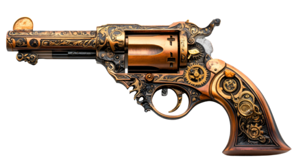 Ornate Steampunk Revolver Intricate Design Golden Accents,