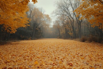 A serene autumn landscape where golden leaves blanket the ground, with trees shedding their last vibrant leaves under a soft, overcast sky