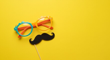 April Fool's Day Fun: Glasses and Mustache Prank - April Fool's Day prank, funny glasses, playful mustache, vibrant yellow background, lighthearted fun