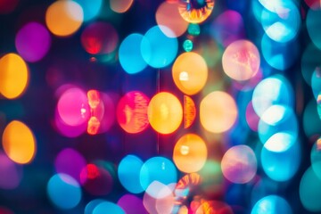 Close up of camera lens highlighting colorful bokeh lights with space for text on the left