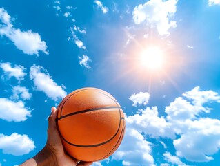 Obraz premium Basketball in hand, sunny sky