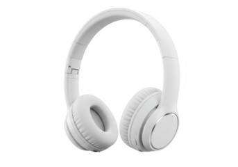 Sleek white over-ear wireless headphones with cushioned ear pads and adjustable headband isolated on transparent background
