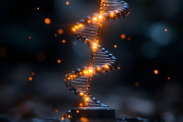 Obraz premium Glowing DNA Helix in Futuristic Blue and Orange Digital Background for Science Design