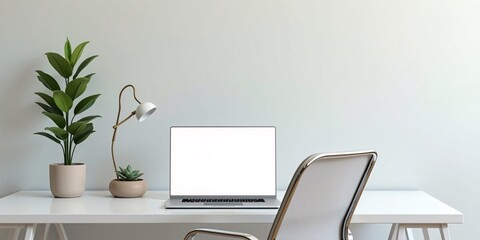 Minimalist Scandinavian Workspace – A clean white desk with a laptop	

