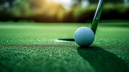 Close-up of golf ball near hole on green putting surface, putter visible, showcasing precision and skill in golf, representing the sport's challenge and finesse