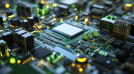 Detailed close up shot of an intricate computer circuit board