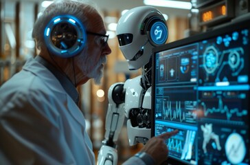 Robot doctor interacts with elderly patient in advanced healthcare setting, showcasing AI technology in medicine