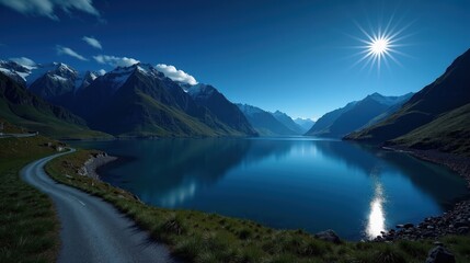 Lake Cauma in Switzerland at night under clear skies, illuminated by moonlight. The calm turquoise waters reflect the stars, surrounded by dense forest. A serene landscape view.