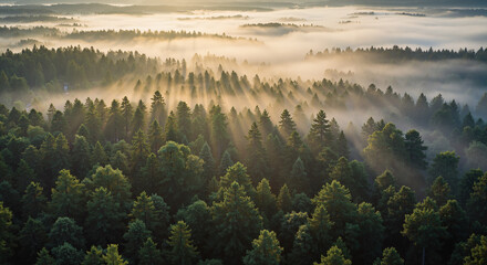 Misty Sunrise Over Lush Green Forest Landscape  