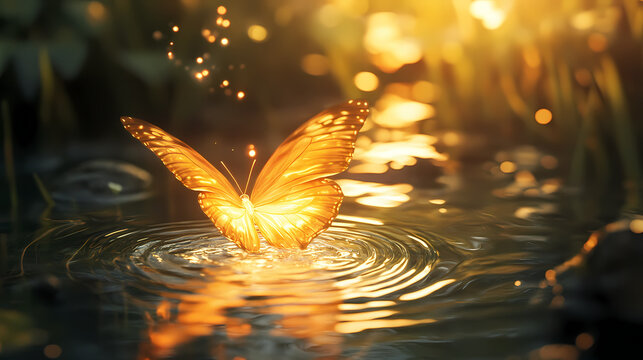 A glowing water butterfly gently unfolding its wings above a serene pond, as ripples spread outward, symbolizing the beginning of life and the harmonious flow of nature. Harmonious Glow. Illustration