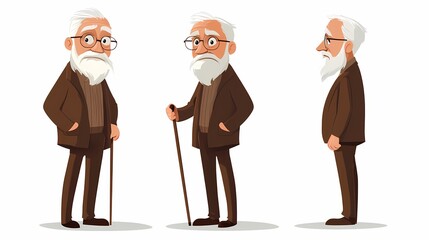 Senior man with glasses in various poses, holding a walking stick