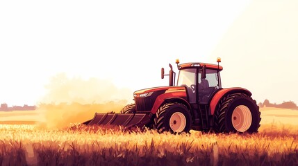 Fototapeta premium Red tractor working in golden field during harvest season, agriculture theme.