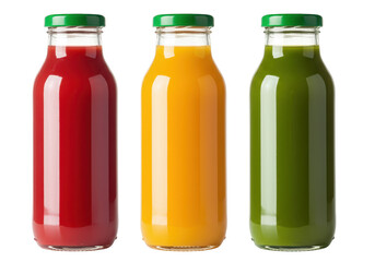 Set of glass juice bottles with green caps isolated on transparent background