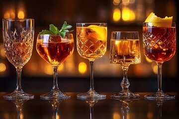 Elegant Glassware Display with Assorted Cocktails and Vibrant Garnishes in Warm Lighting