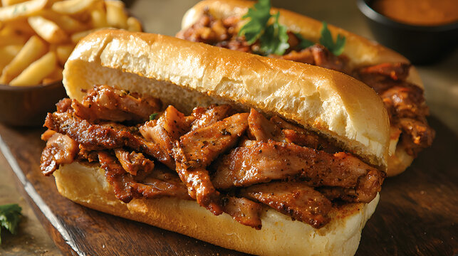 Delicious Bifanas with Marinated Pork Served in Soft Bread Sandwiches with French Fries