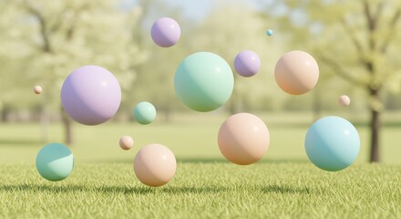 April Fool's Day Pastel Spheres Floating on Grass - Playful pastel spheres float over a green grassy field, symbolizing fun, surprise, lightness, spring, and celebration