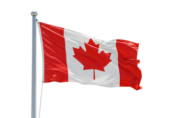 Waving Canadian flag on a silver flagpole isolated on transparent background