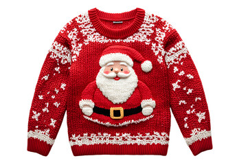  A cute Christmas sweater with a Santa Claus motif, in a red color, knitted style, on a white background, in PNG format 