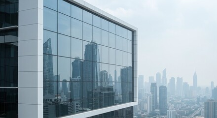 Obraz premium Skyline Reflected: A modern skyscraper with sleek glass windows offers a panoramic view of a sprawling city skyline. The image captures a sense of urban sophistication. 