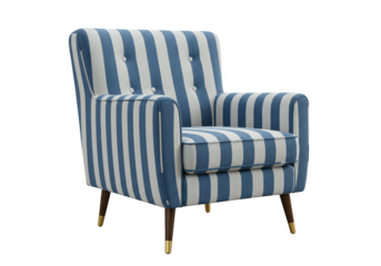 Stylish upholstered armchair with blue and white vertical stripes isolated on transparent background