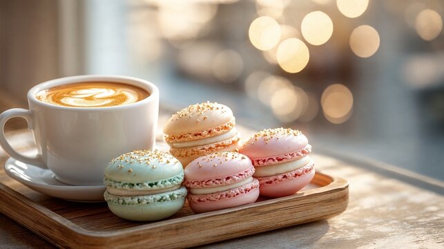 Pastel macarons and a cup of coffee on a wooden tray, cozy and sweet, representing afternoon treat