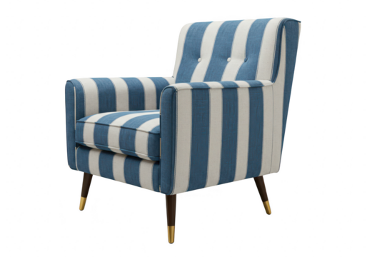 Stylish upholstered armchair with blue and white vertical stripes isolated on transparent background - Powered by Adobe