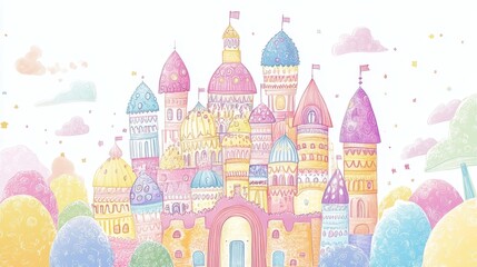 Fototapeta premium Pastel castle illustration whimsical fairytale dreams.