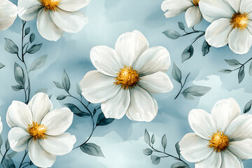 Fototapeta premium [a delicate and flowing repeating pattern of watercolor white flowers with