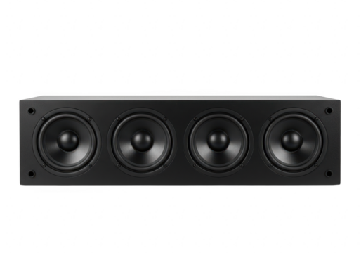 Rectangular black speaker with four circular audio drivers aligned horizontally isolated on transparent background