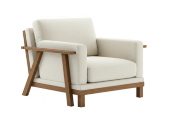 Contemporary armchair with thick cream cushions and a sturdy rounded wooden frame isolated on transparent background