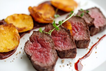 Fototapeta premium Medium Rare Beef Tenderloin with Roasted Potatoes and Red Wine Reduction on White Plate