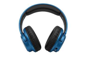 Modern over-ear headphones with blue outer casing and black cushioned ear pads isolated on transparent background