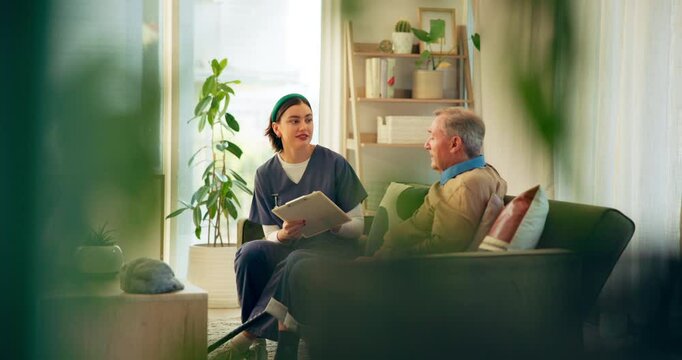 Senior man, nurse and discussion with clipboard, support and healthcare for retirement. Patient, caregiver and therapy with checklist for nursing home, rehabilitation and medical elderly care