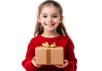  A happy little girl in a red sweater holding a gift box, isolated on a transparent background. PNG 